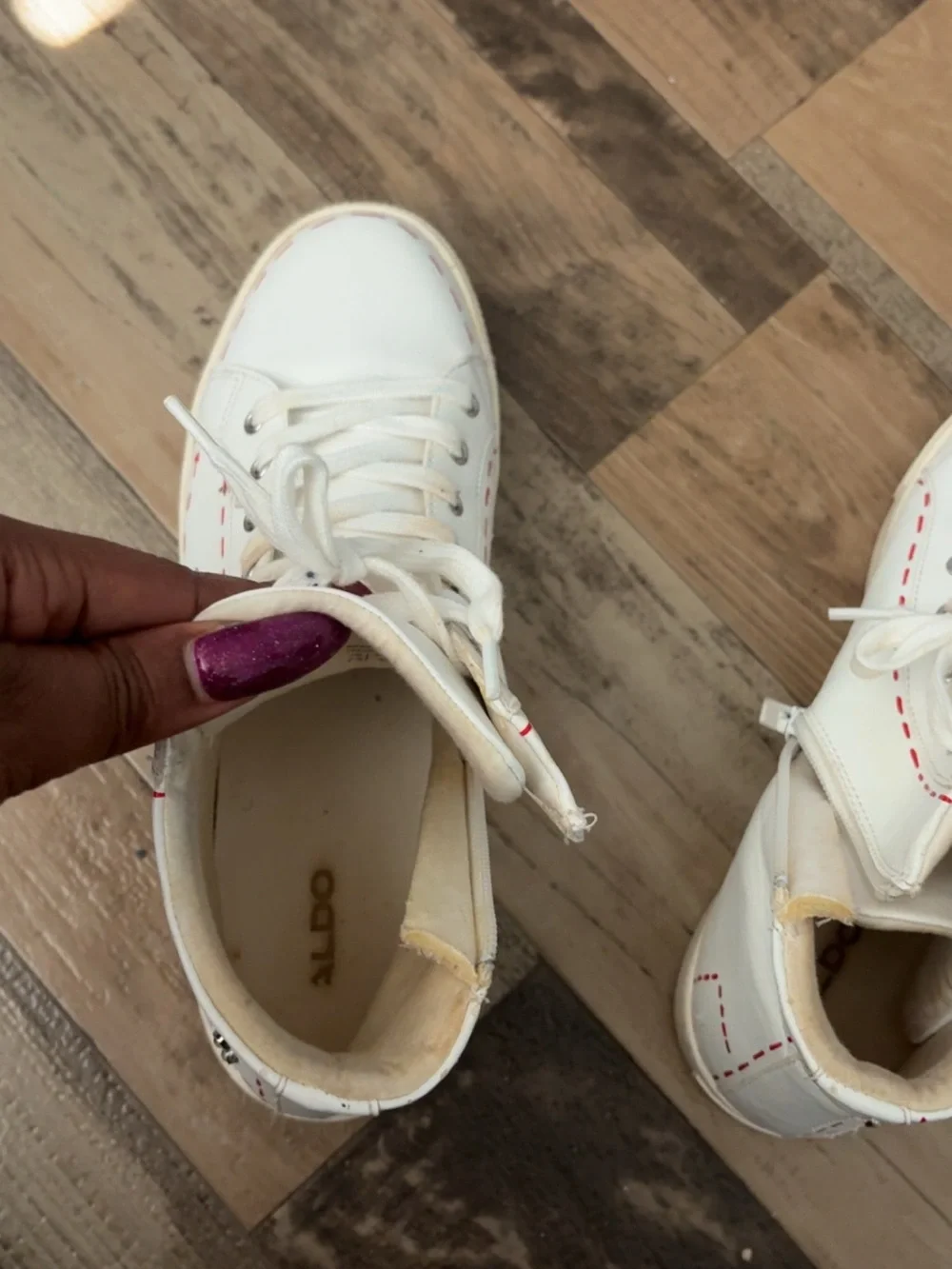 Aldo White High-Top Sneakers with Red Stitch Detailing